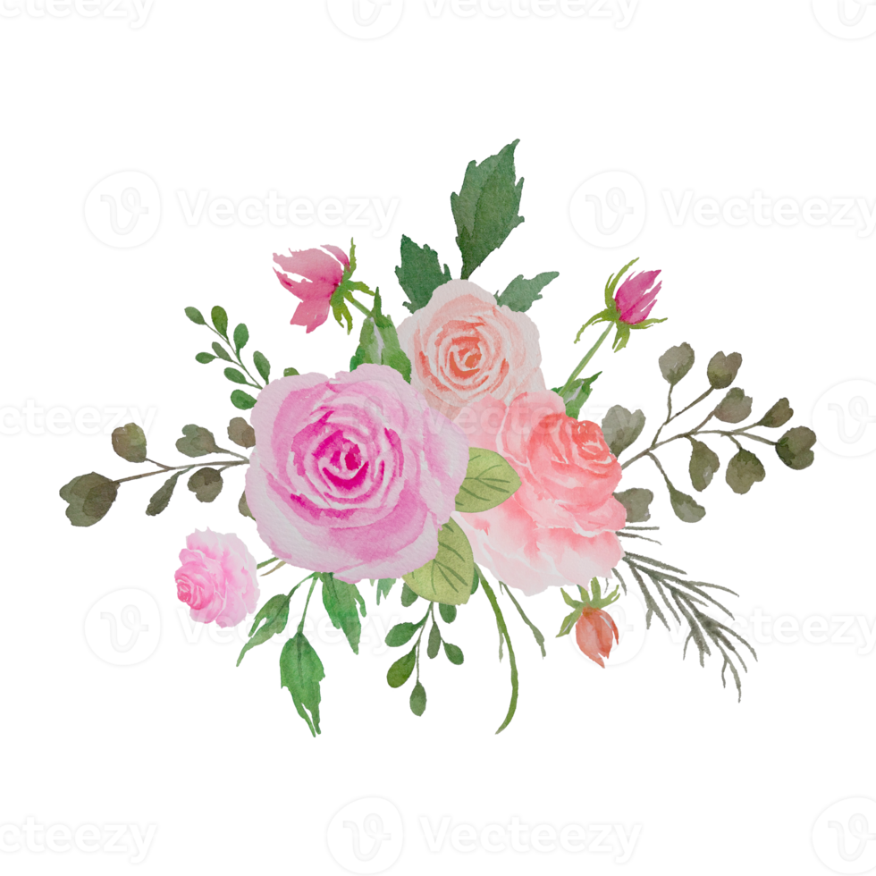Watercolor Flowers Bouquet, Floral Arrangement with Roses and Green
