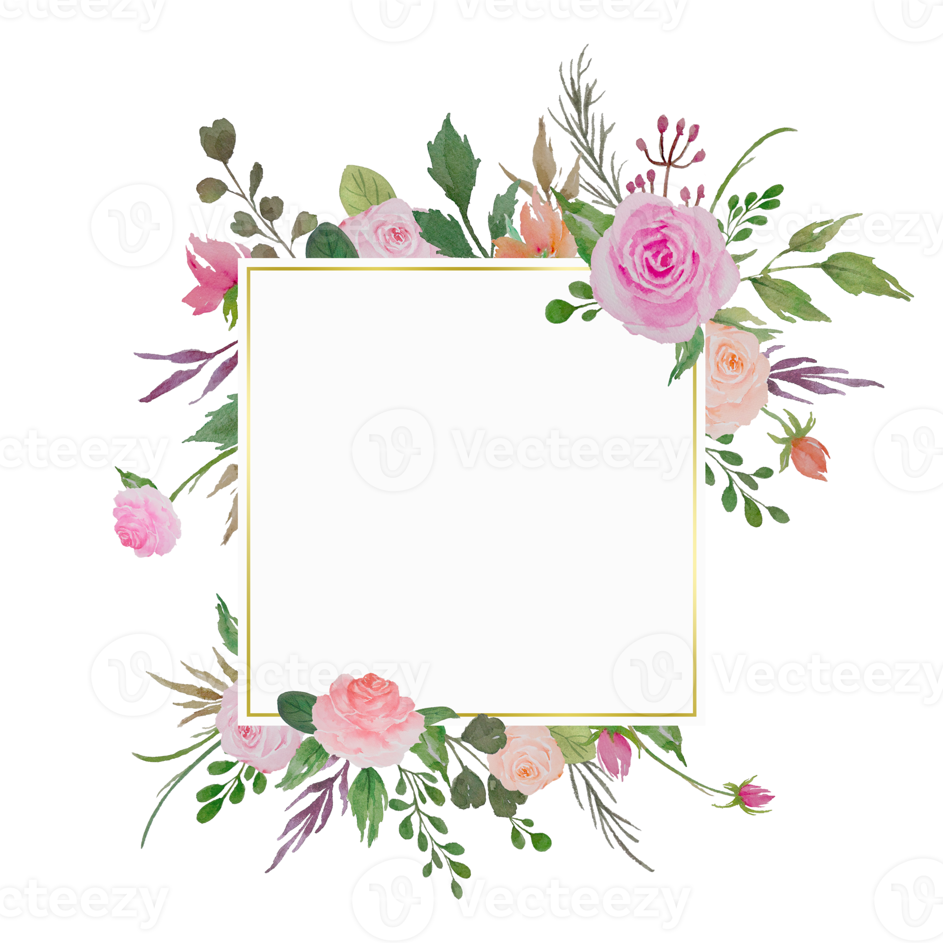 Watercolor Floral Frame Clipart, Flowers Border with Roses and Green