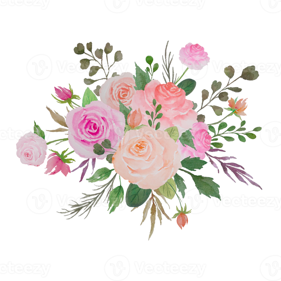 Watercolor Flowers Bouquet, Illustration of Floral Arrangement with Roses and Green Leaves png