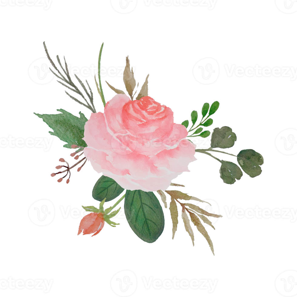 Watercolor Flowers Bouquet Clipart, Floral Arrangement with Roses and Green Leaves Illustration png