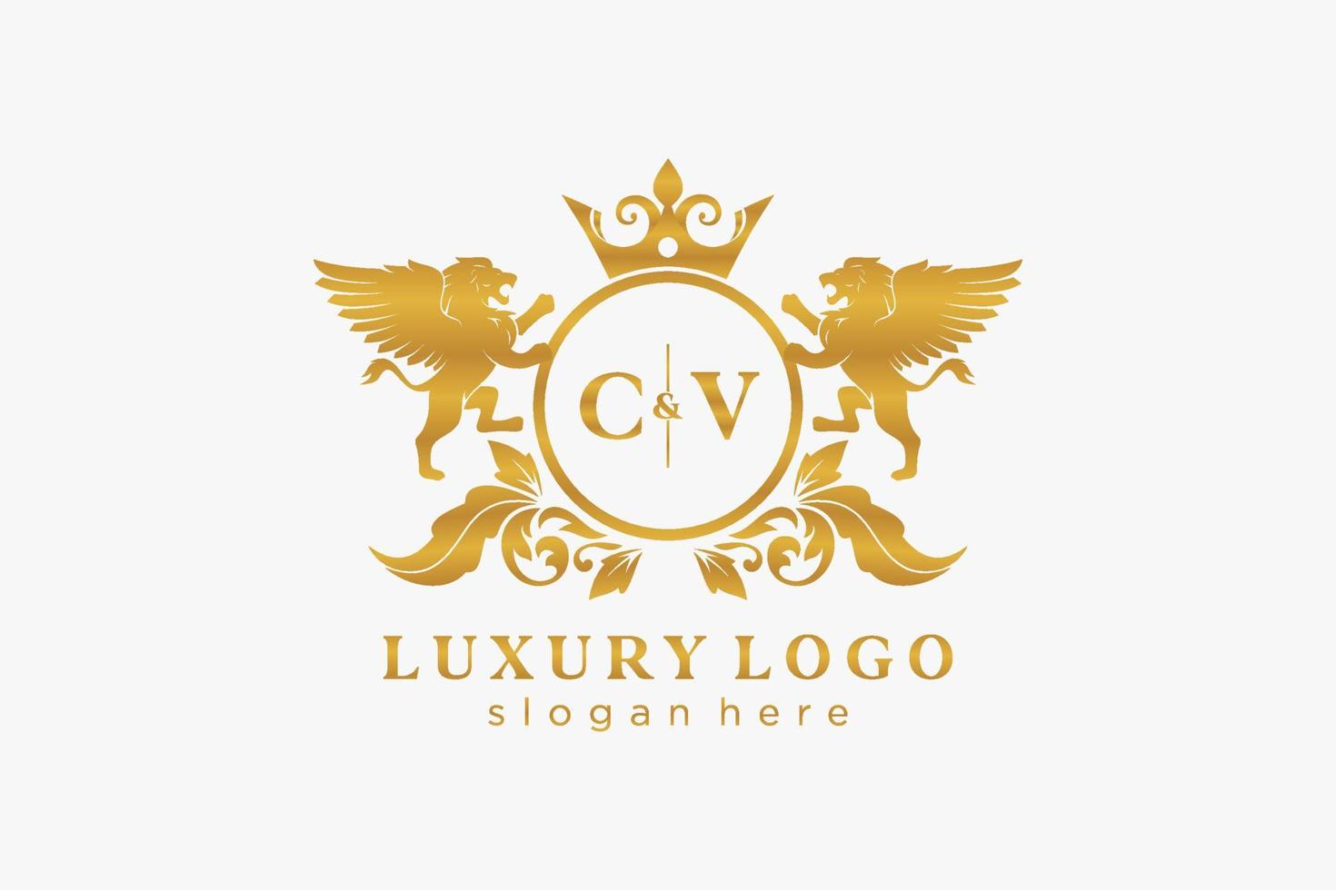 plantilla de logotipo de lujo real de león de letra cv inicial en arte vectorial para restaurante, realeza, boutique, cafetería, hotel, heráldica, joyería, moda y otras ilustraciones vectoriales. vector