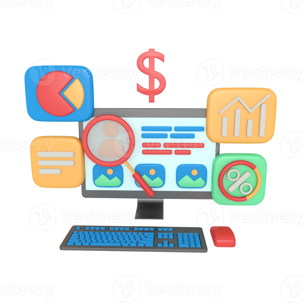 3d illustration of searching social media profiles on computer png