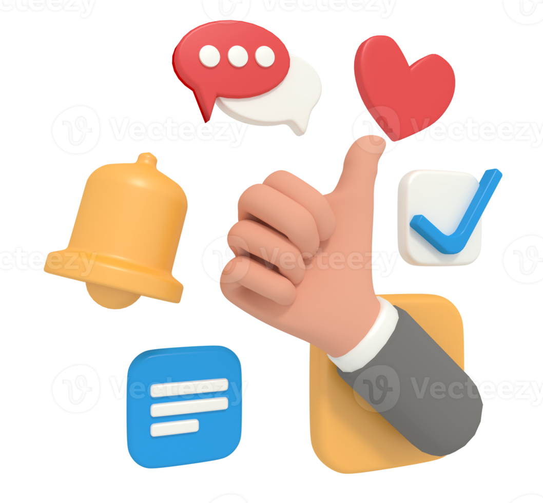 3d illustration of thumbs up comments and status on social media png