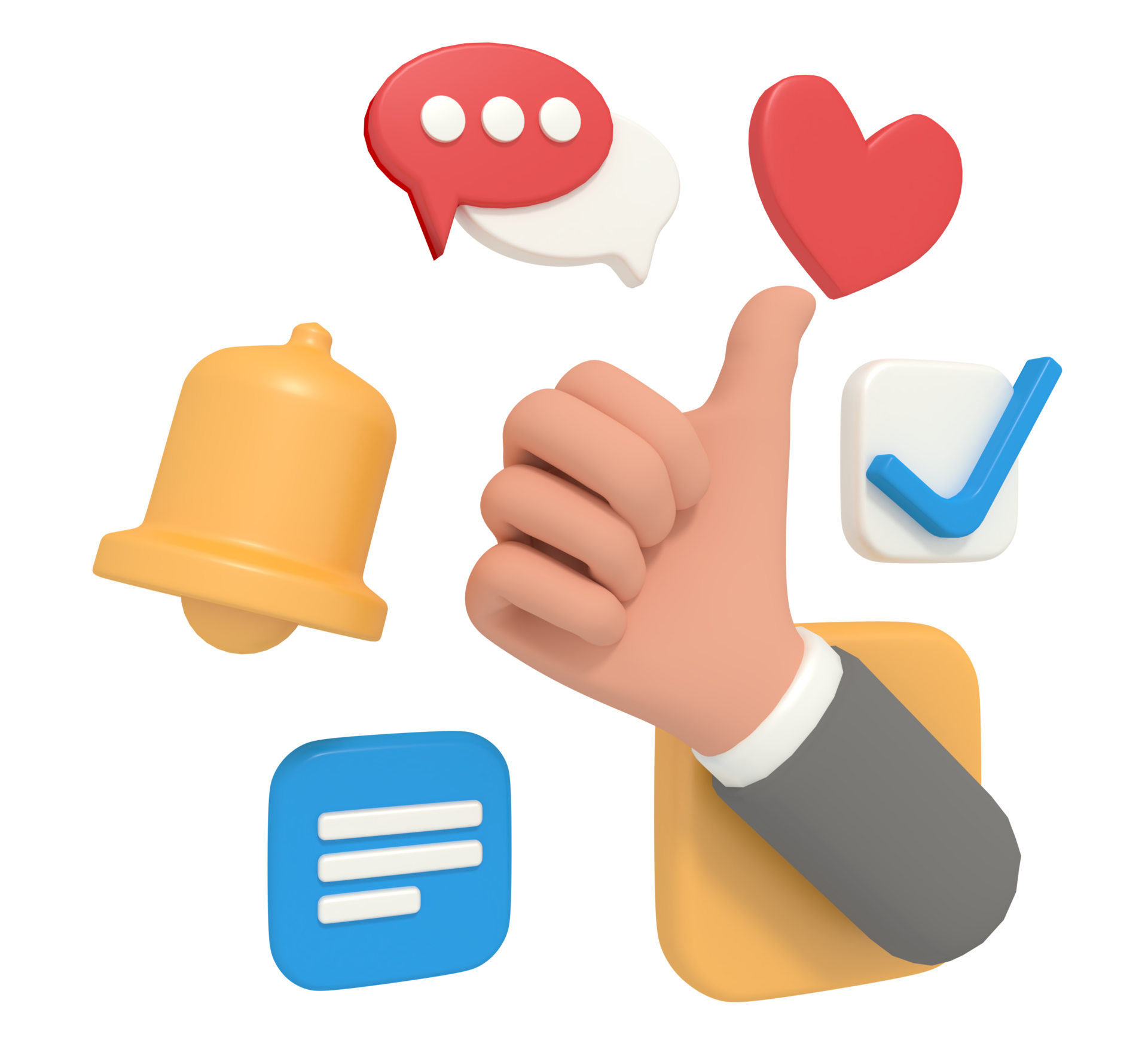 3d illustration of thumbs up comments and status on social media