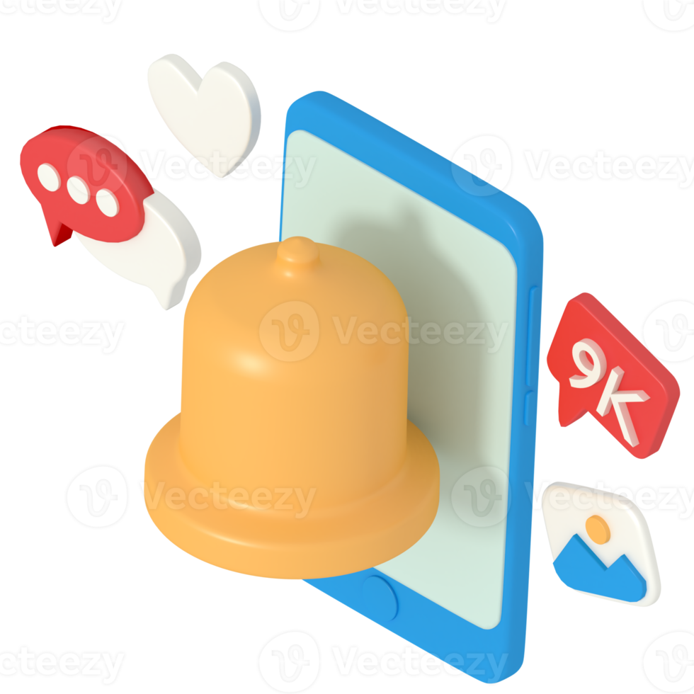 Ilustración 3d de campana de notificación de redes sociales png