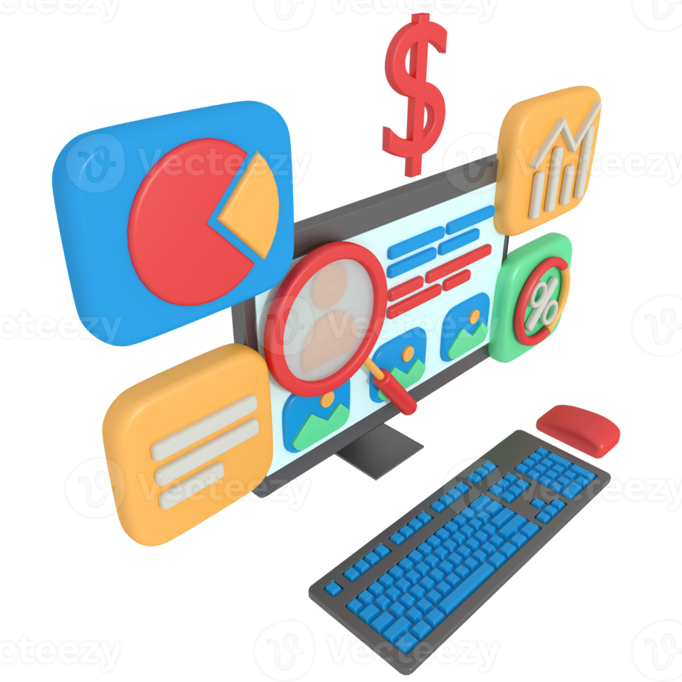 3d illustration av sökande social media profiler på dator png