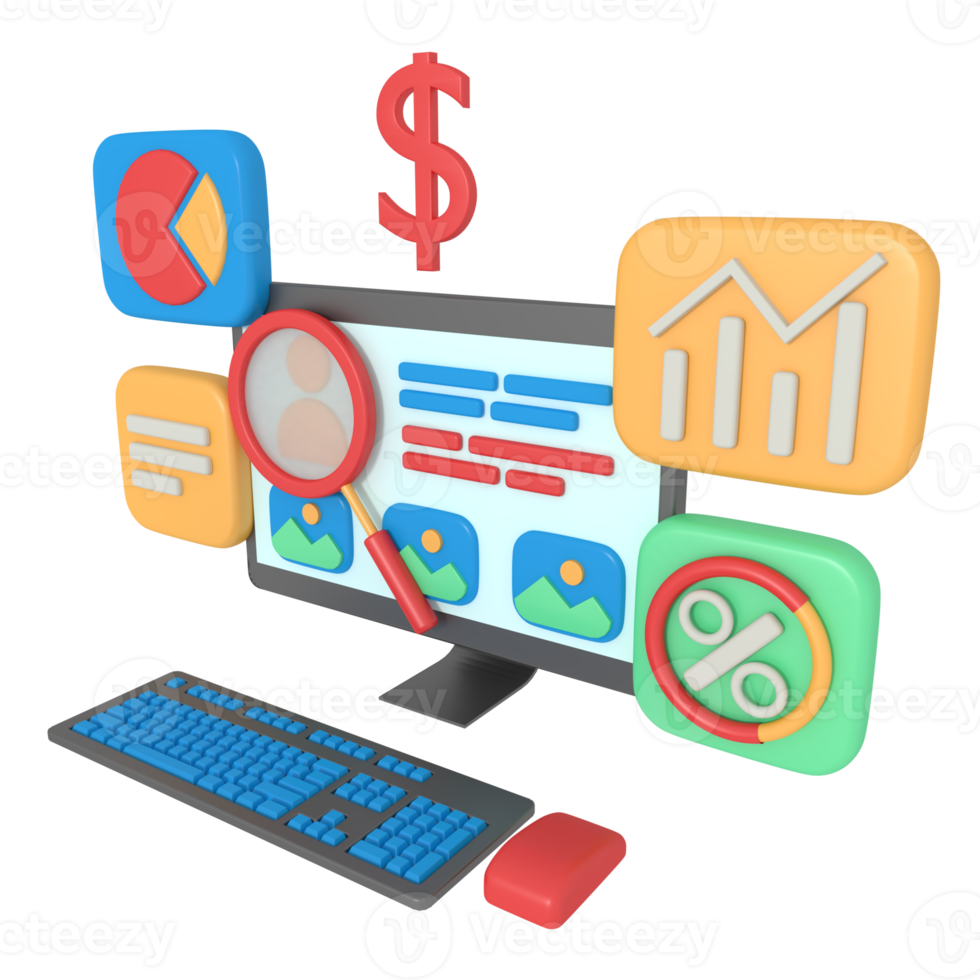 3d illustration av sökande social media profiler på dator png