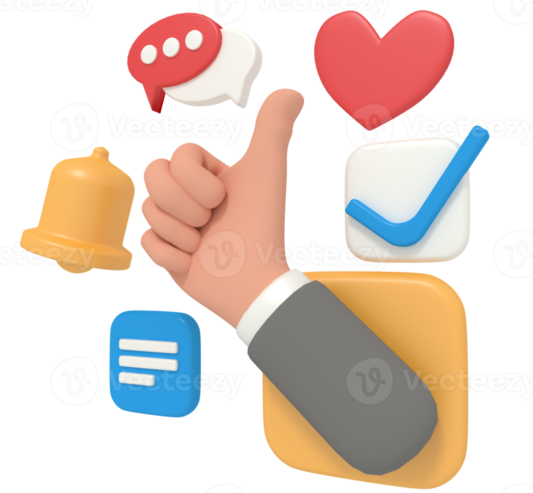 3d illustration of thumbs up comments and status on social media png