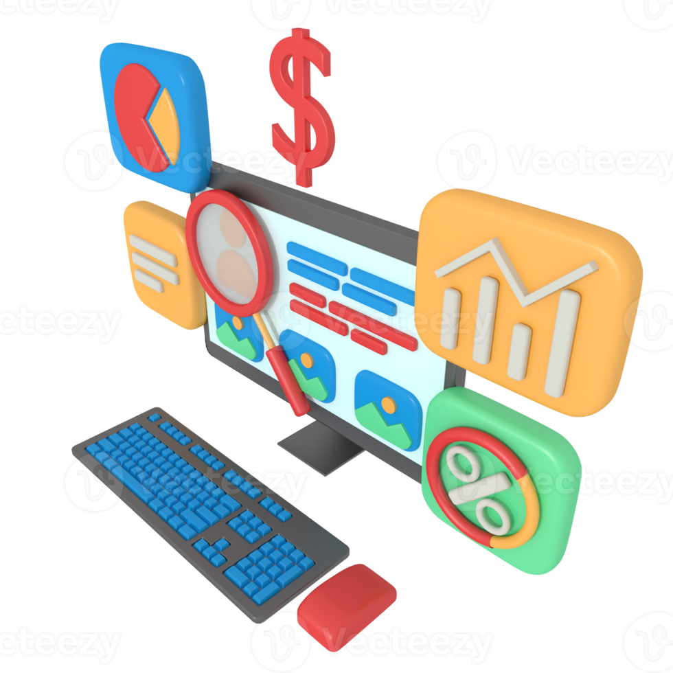 Illustration 3d de la recherche de profils de médias sociaux sur ordinateur png