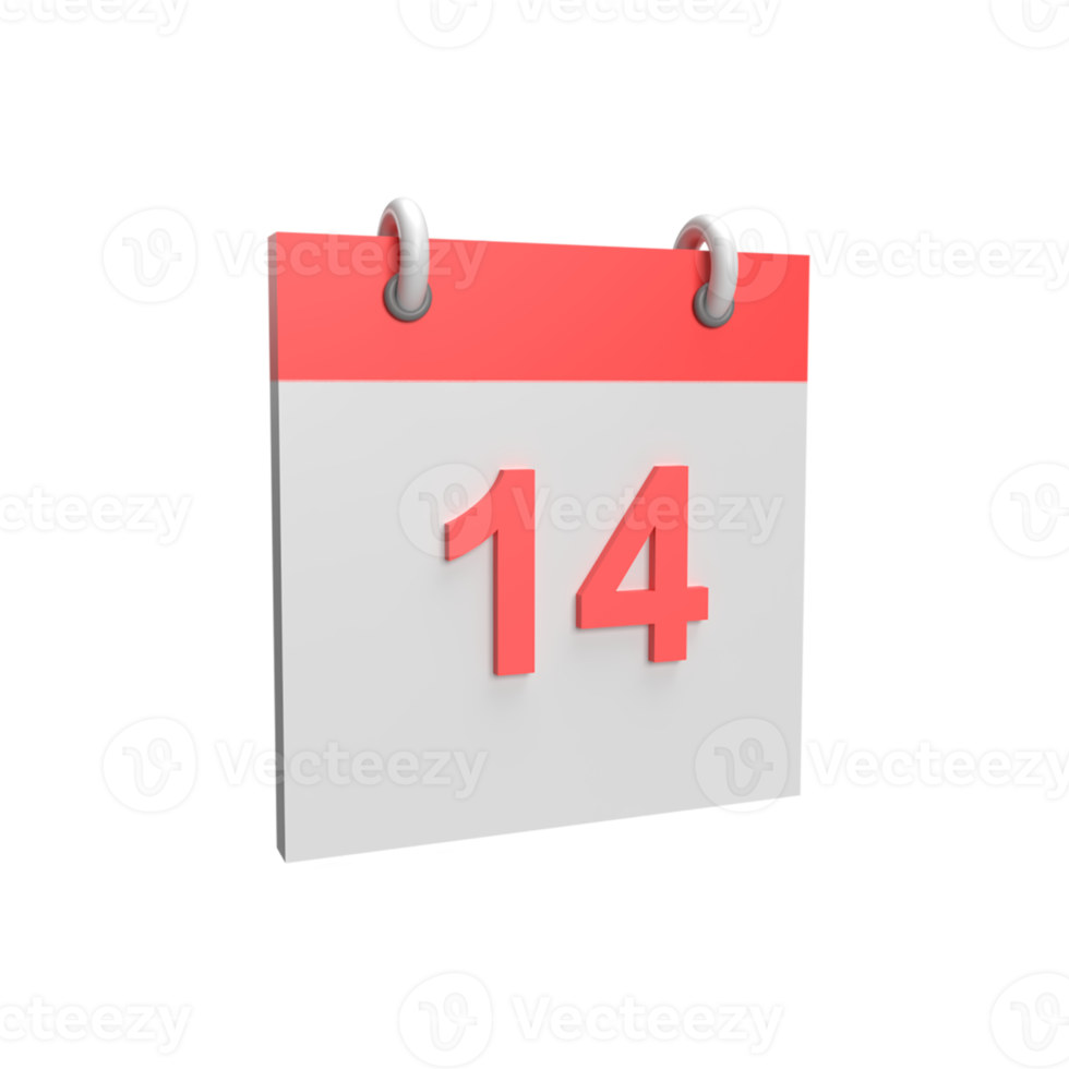 3D calendar date 14. Rendered object illustration png
