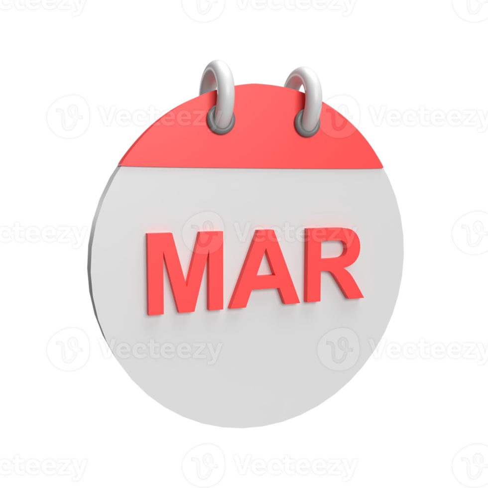 calendario de marzo 3d. ilustración de objeto renderizado png