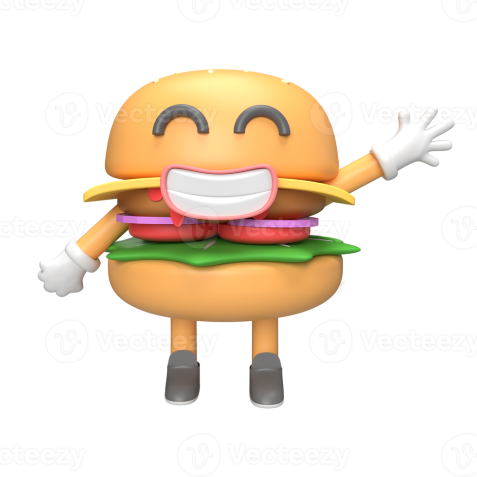 lindo personaje de hamburguesa. ilustración de procesamiento 3d png