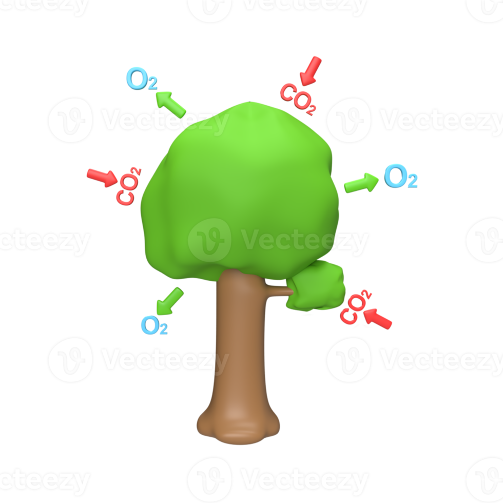 trees absorb carbon dioxide and produce oxygen 3d icon and symbol concept. render object png