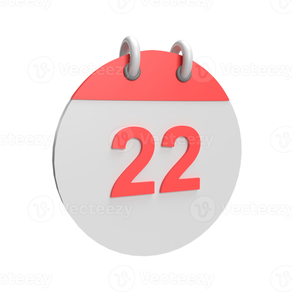 3D calendar date 22. Rendered object illustration png