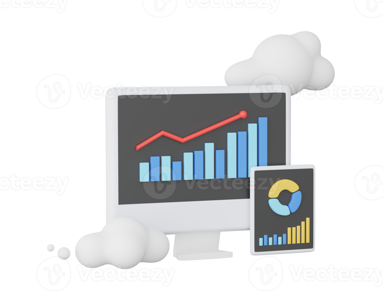 3D web report dashboard monitor concept. PNG file. 3D rendering