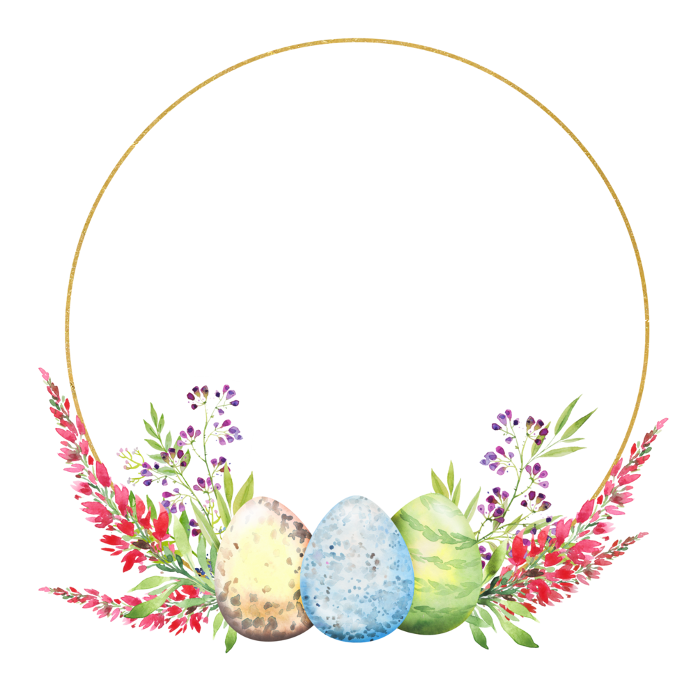 Easter floral wreath with a golden round frame, with red flowers, branches, leaves and eggs. Bouquet of flowers, watercolor illustration. png