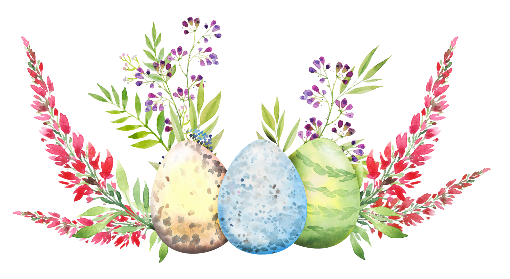 Easter floral composition with red and yellow flowers and eggs. Flower bouquet, watercolor illustration png