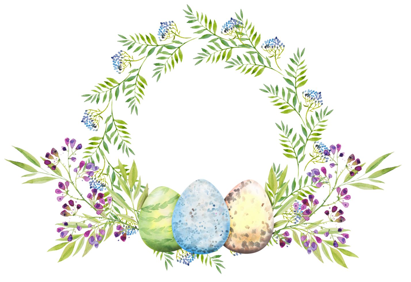 guirlanda floral de páscoa com flores violetas, galhos, folhas e ovos. buquê de flores, ilustração em aquarela. png