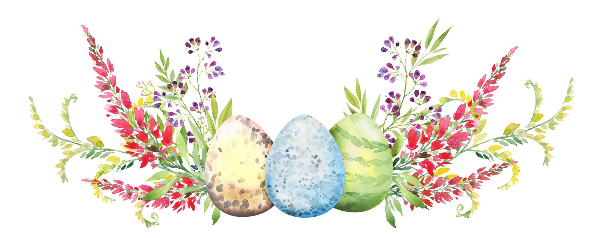 Easter floral composition with red and yellow flowers, branches, leaves and eggs. Flower bouquet, watercolor illustration png