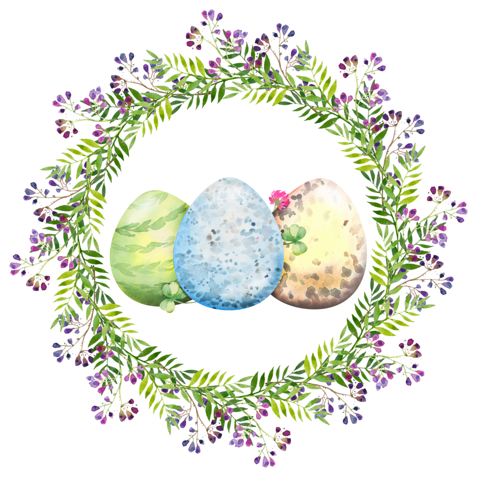 Easter floral wreath with violet flowers, branches, leaves and eggs. Bouquet of flowers, watercolor illustration. png