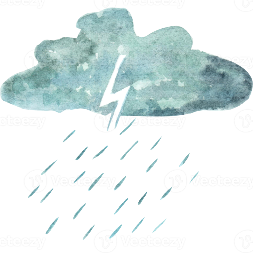 Watercolor storm cloud with lightning and rain png