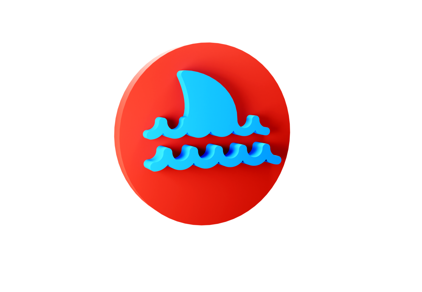 Shark warning sign in blue and red color. Dangerous sea life icon. Shark dorsal fin in the sea. Dangerous zone 3D symbol. PNG File. 3D Rendering.