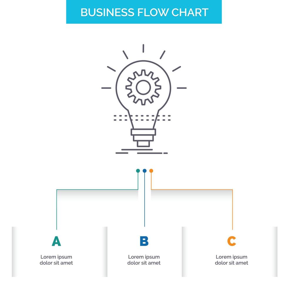 bulbo. desarrollar. ocurrencia. innovación. diseño de diagrama de flujo de negocios ligero con 3 pasos. icono de línea para el lugar de plantilla de fondo de presentación para texto vector