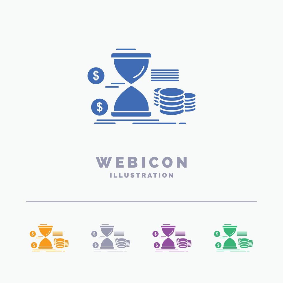 Hourglass. management. money. time. coins 5 Color Glyph Web Icon Template isolated on white. Vector illustration