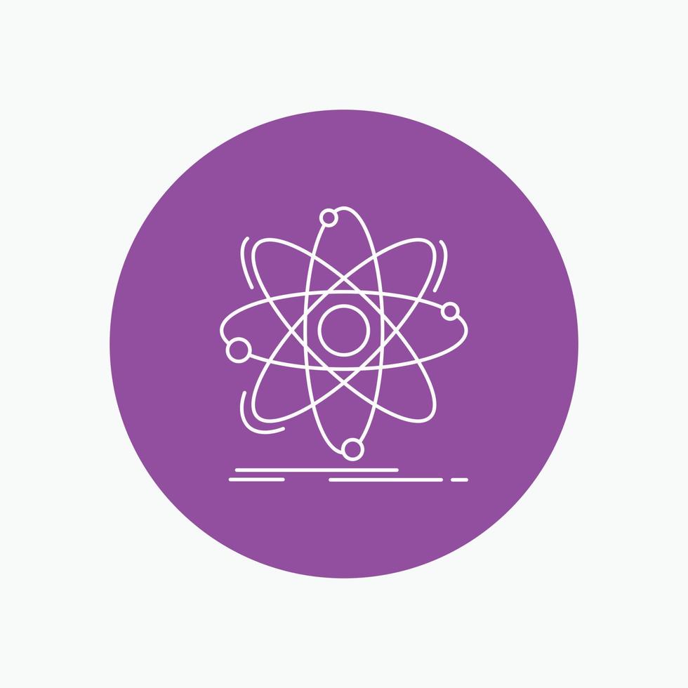 átomo. Ciencias. química. física. icono de línea blanca nuclear en el fondo del círculo. ilustración de icono de vector