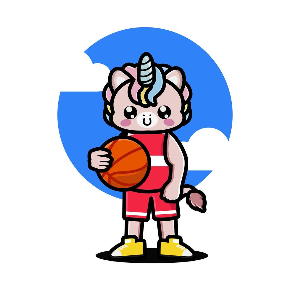 Happy cute unicorn playing basketball vector