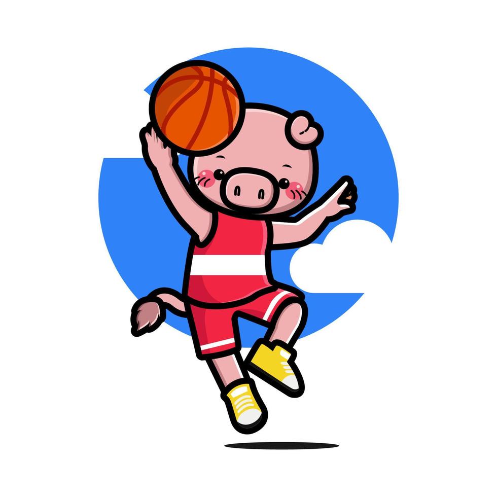 cerdo lindo feliz jugando baloncesto vector