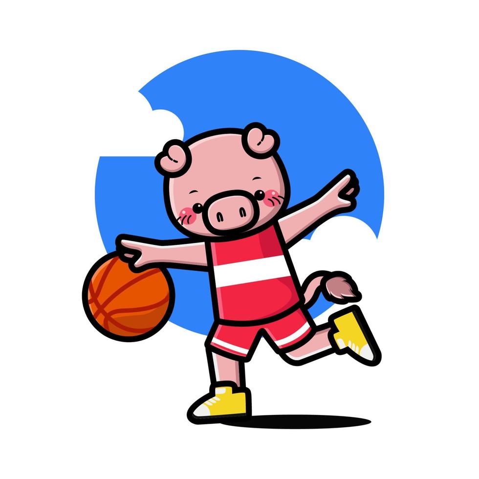 Happy cute pig playing basketball vector