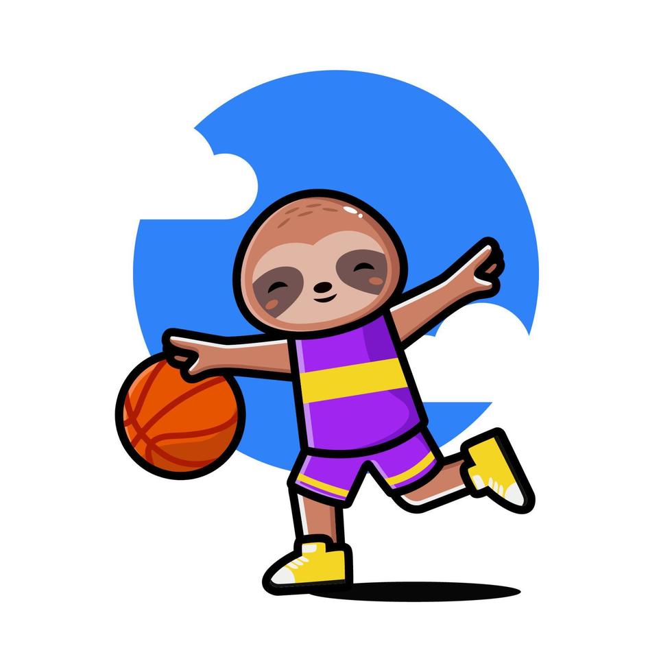 feliz lindo perezoso jugando baloncesto vector