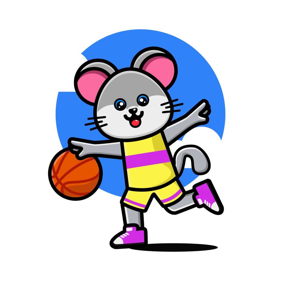 Happy cute mouse playing basketball vector