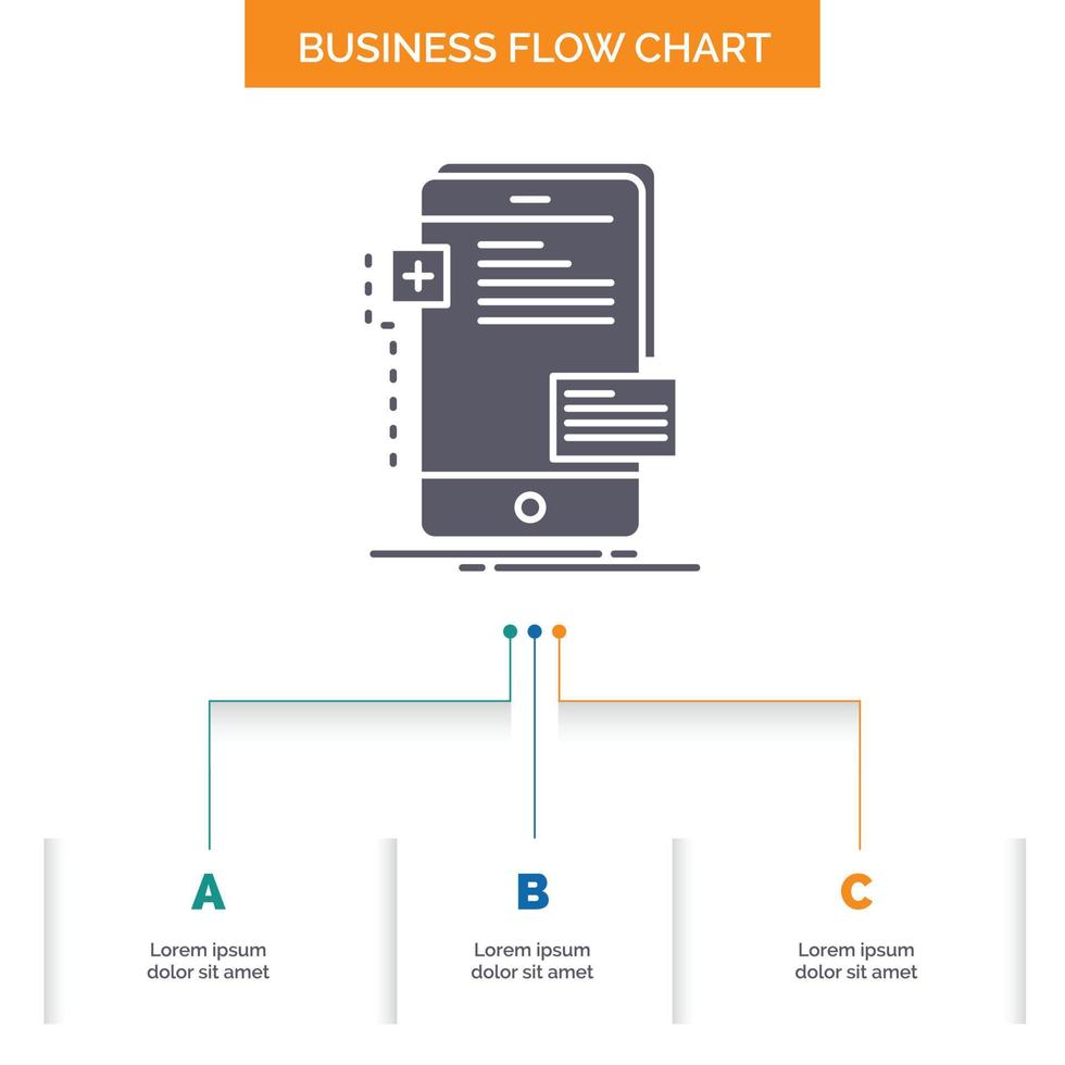 frontend, interface, mobile, phone, developer Business Flow Chart Design with 3 Steps. Glyph Icon For Presentation Background Template Place for text. vector