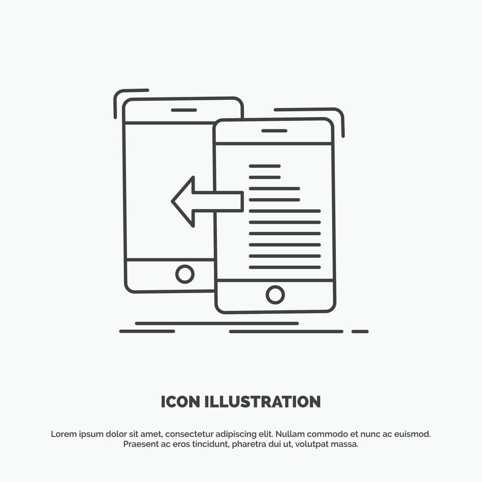 datos. transferir. móvil. administración. icono de movimiento. símbolo gris vectorial de línea para ui y ux. sitio web o aplicación móvil vector