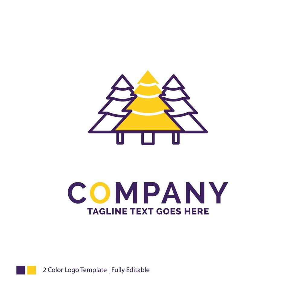 diseño de logotipo de nombre de empresa para bosque, camping, selva, árbol, pinos. diseño de marca púrpura y amarillo con lugar para eslogan. vector