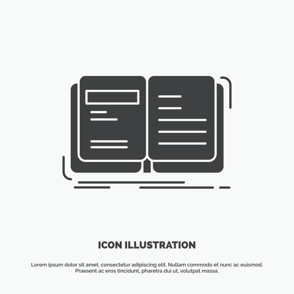 autor. libro. abierto. historia. icono de narración. símbolo gris vectorial de glifo para ui y ux. sitio web o aplicación móvil vector