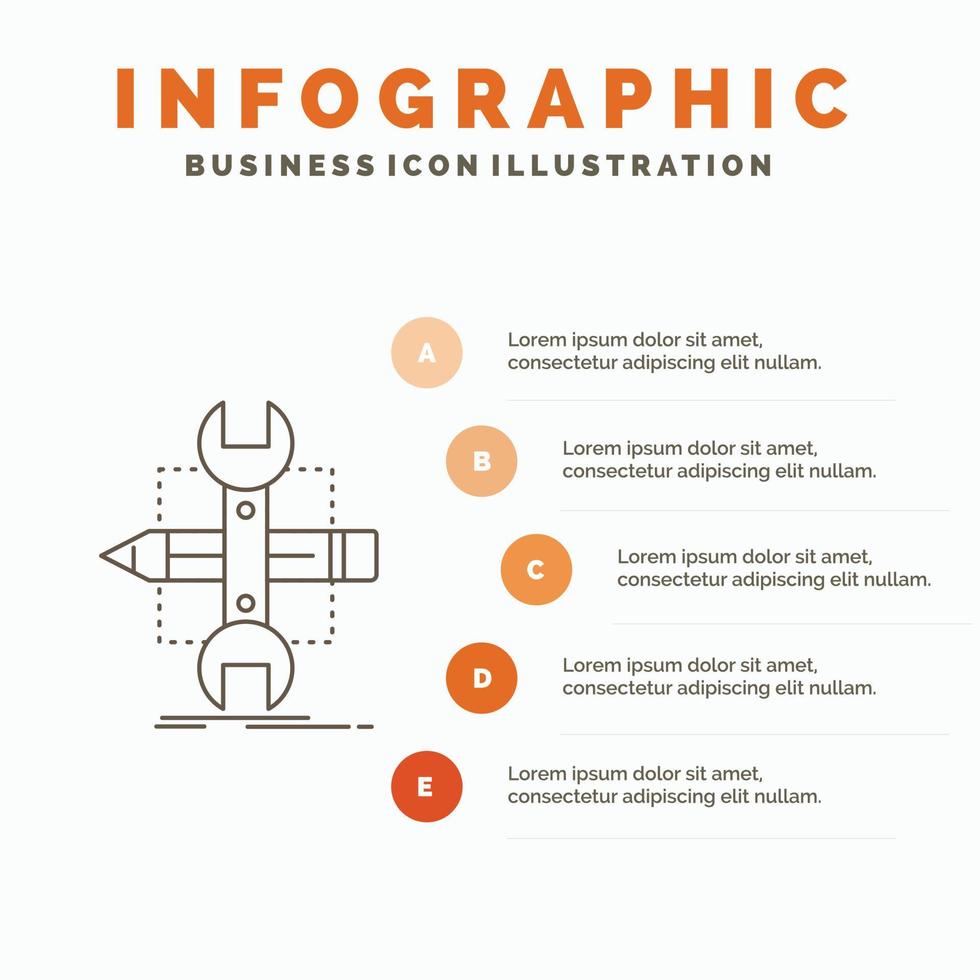 construir. diseño. desarrollar. bosquejo. Plantilla de infografías de herramientas para sitio web y presentación. icono de línea gris con ilustración de vector de estilo infográfico naranja