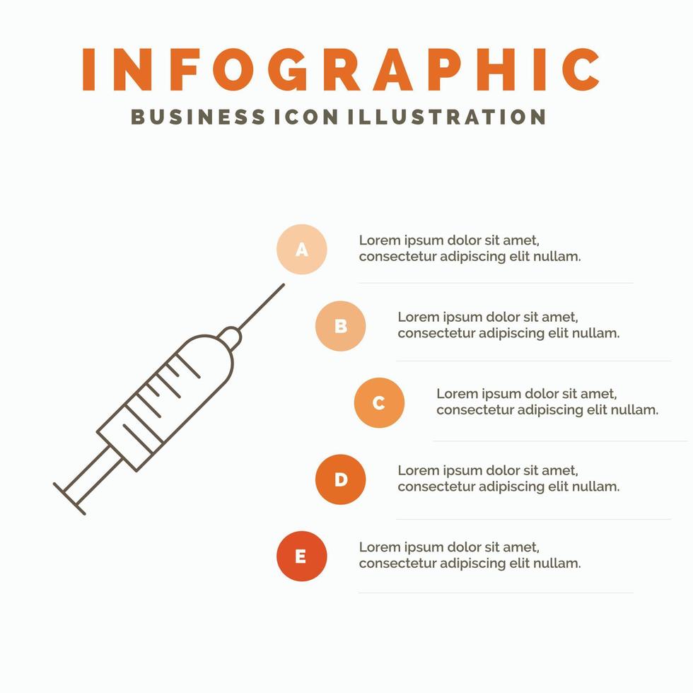 jeringuilla. inyección. vacuna. aguja. plantilla de infografía de tiro para sitio web y presentación. icono de línea gris con ilustración de vector de estilo infográfico naranja