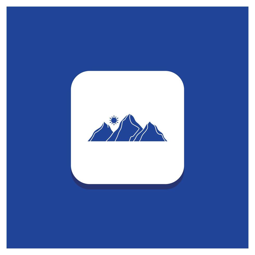 Blue Round Button for hill. landscape. nature. mountain. sun Glyph icon vector