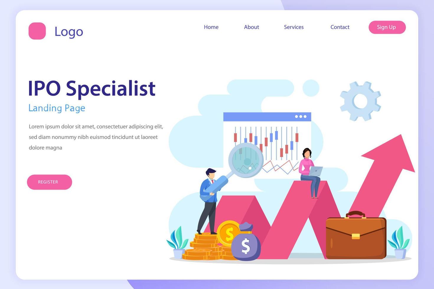 IPO Initial Public Offering Concept. IPO landing page website flat vector template