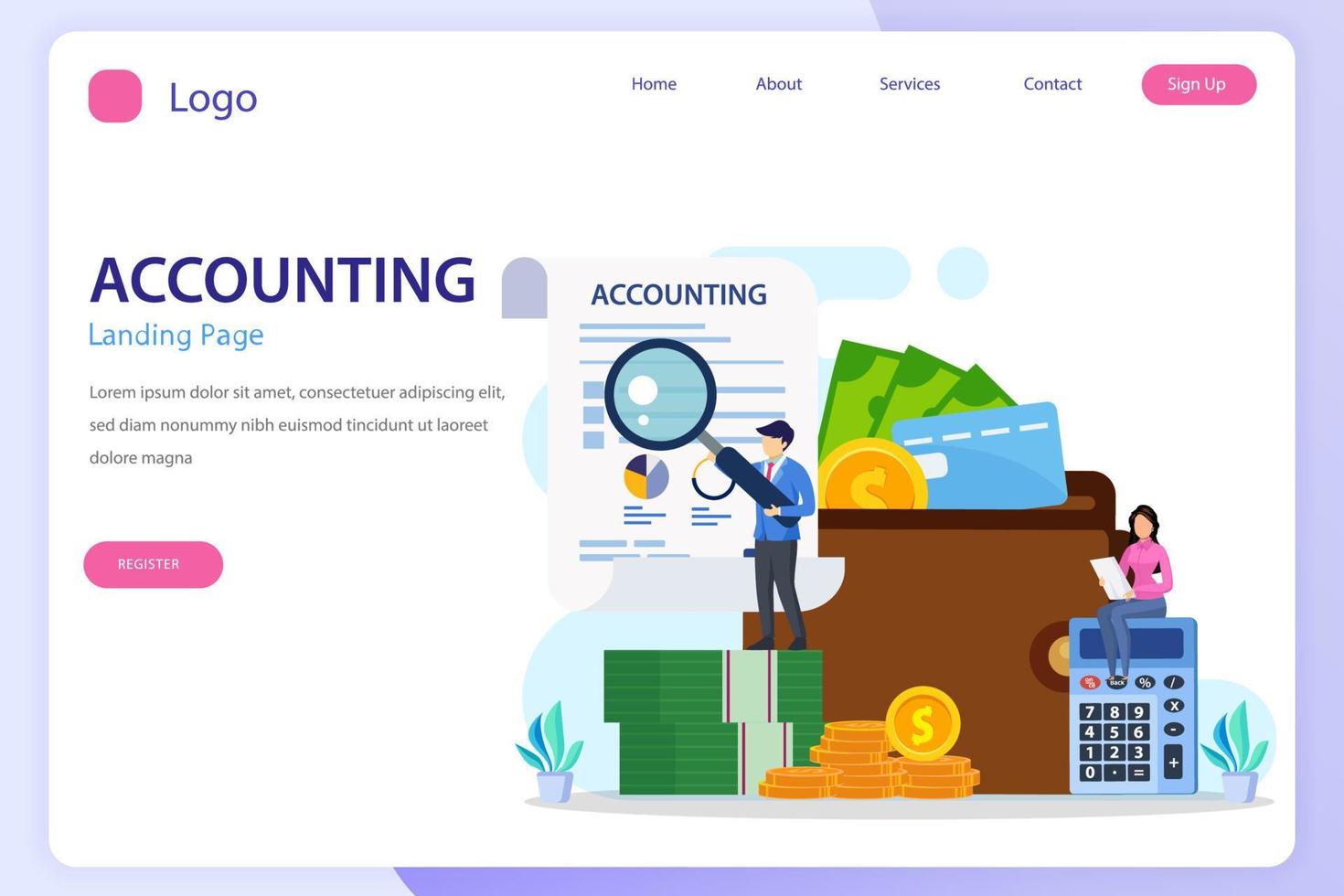 Accountant landing page website flat vector template