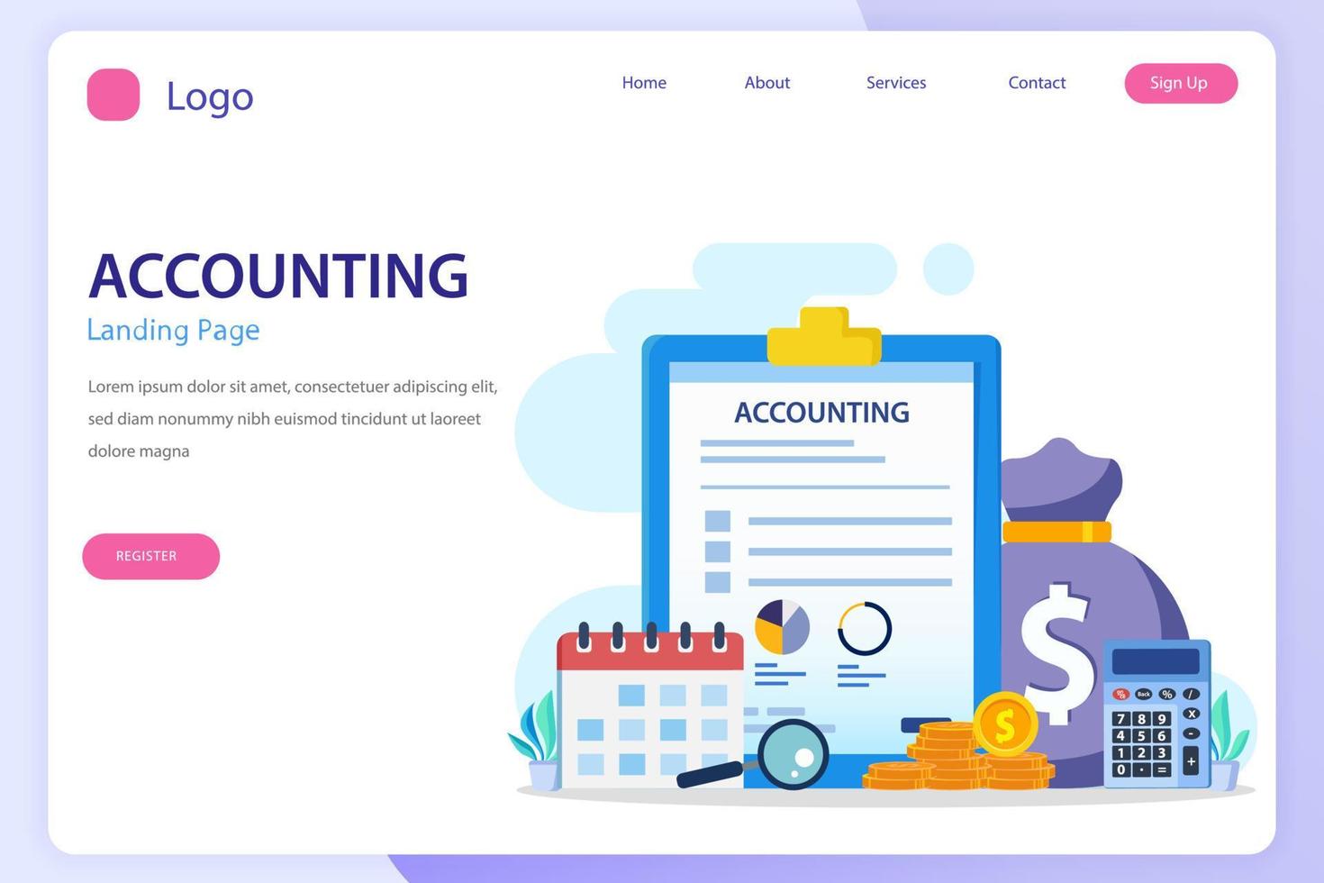 Accountant landing page website flat vector template