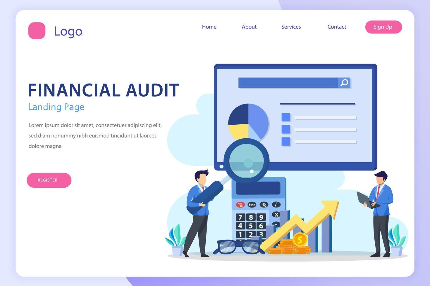 Financial audit landing page website flat vector template