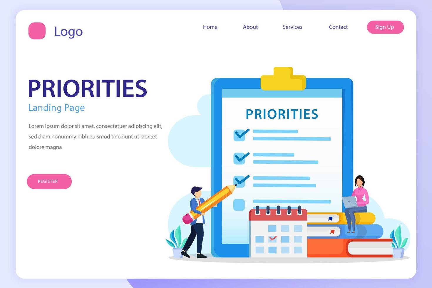 Priorities landing page website flat vector template
