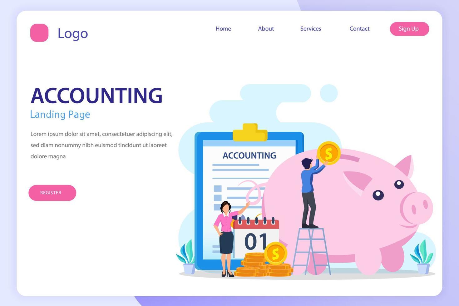 Accountant landing page website flat vector template