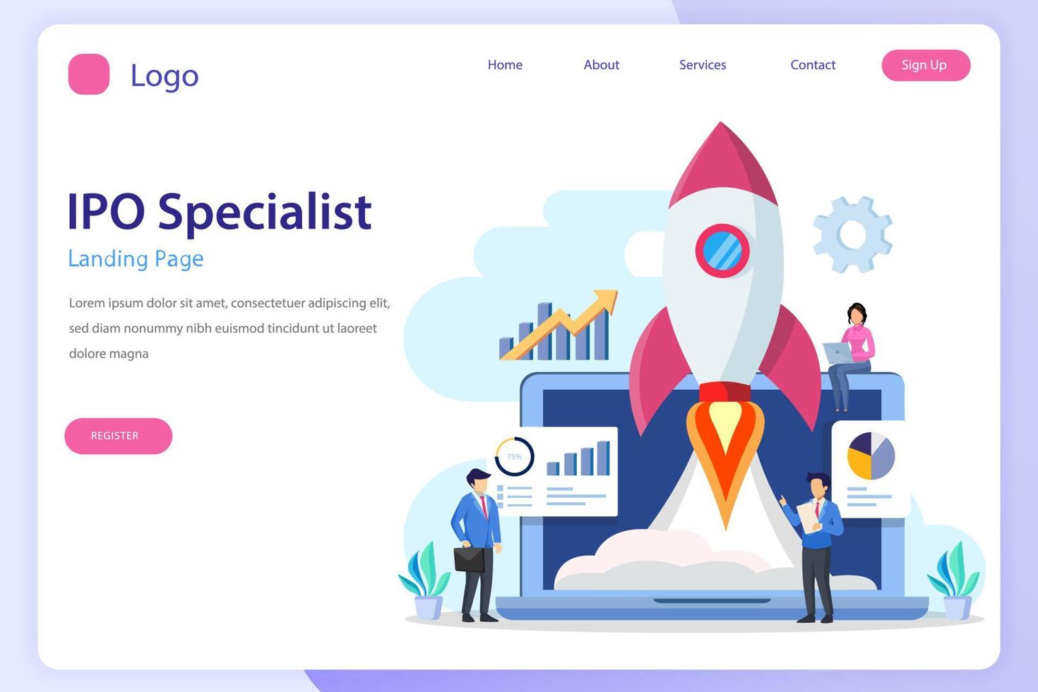 IPO Initial Public Offering Concept. IPO landing page website flat vector template