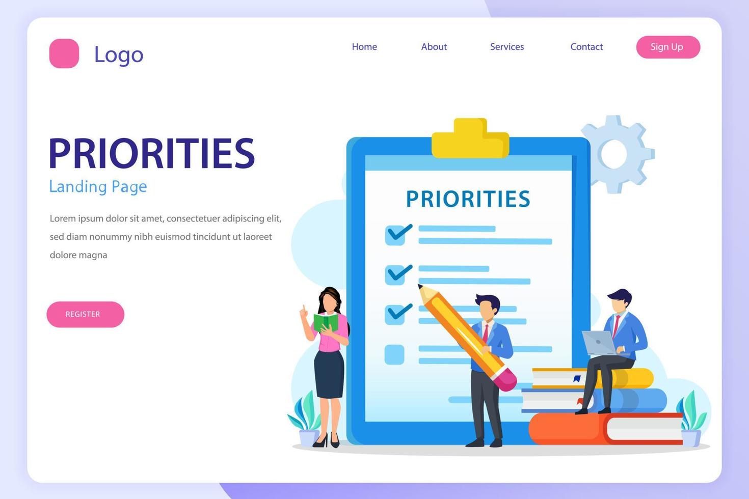 Priorities landing page website flat vector template