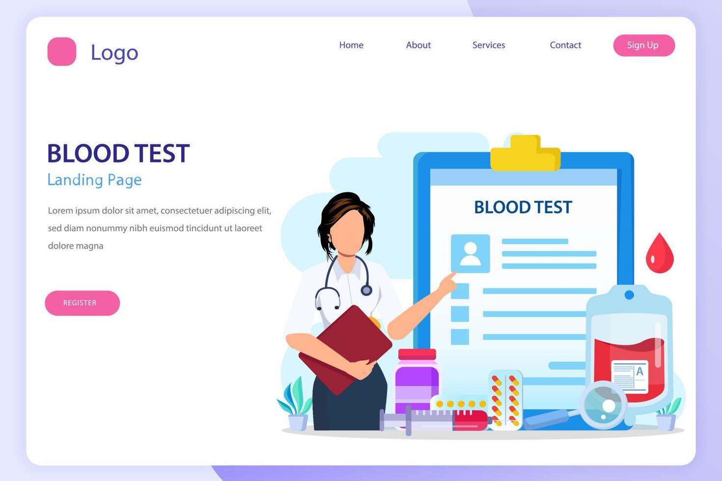 Medical blood test landing page website flat vector template 12797488